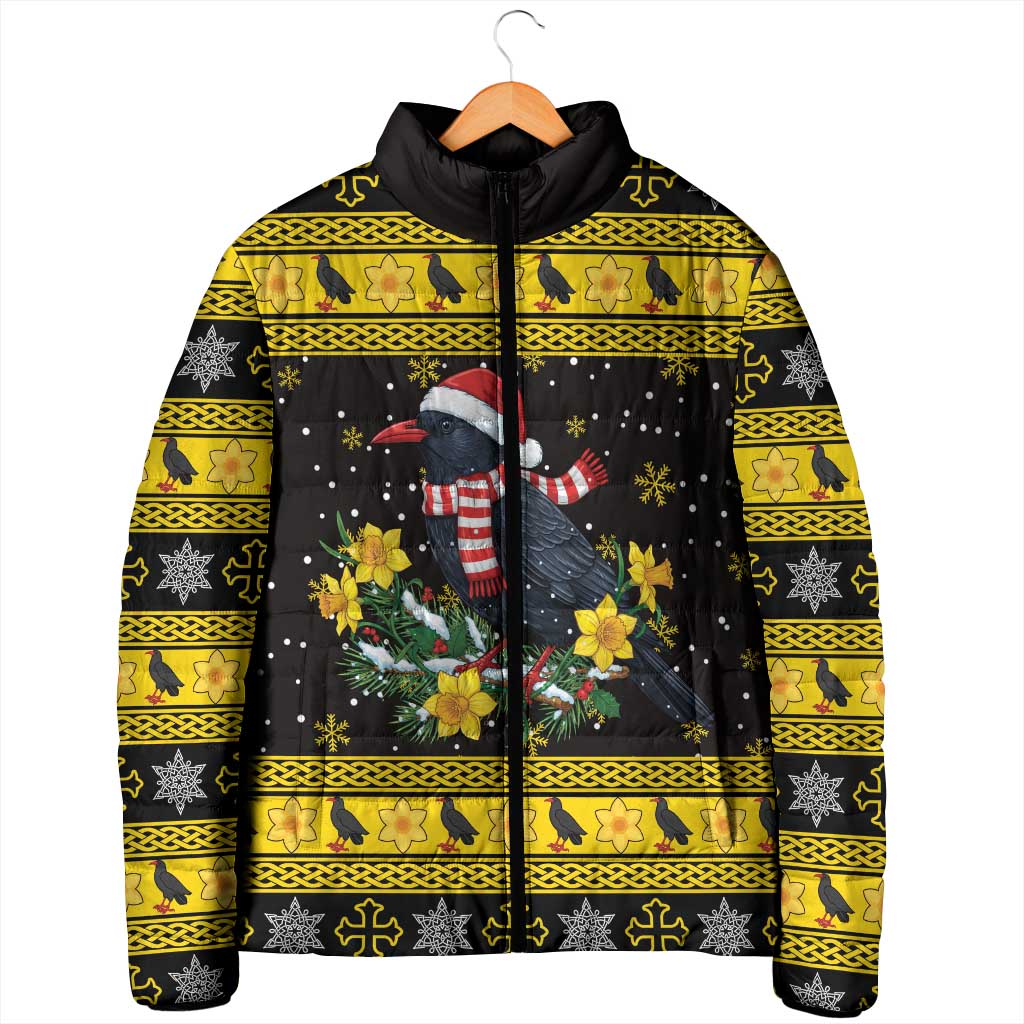Flintshire Wales Christmas Padded Jacket Welsh Red-billed Chough with Daffodil - Wonder Print Shop