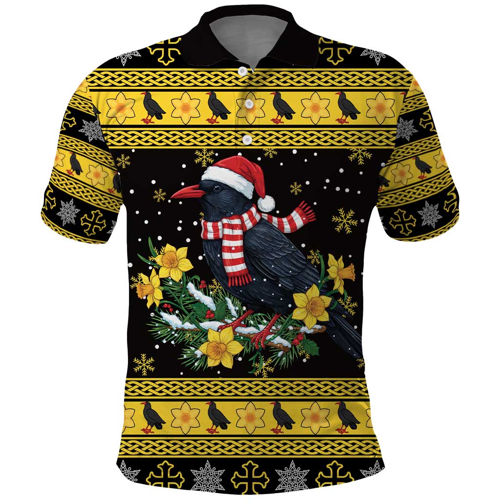 Flintshire Wales Christmas Polo Shirt Welsh Red-billed Chough with Daffodil - Wonder Print Shop