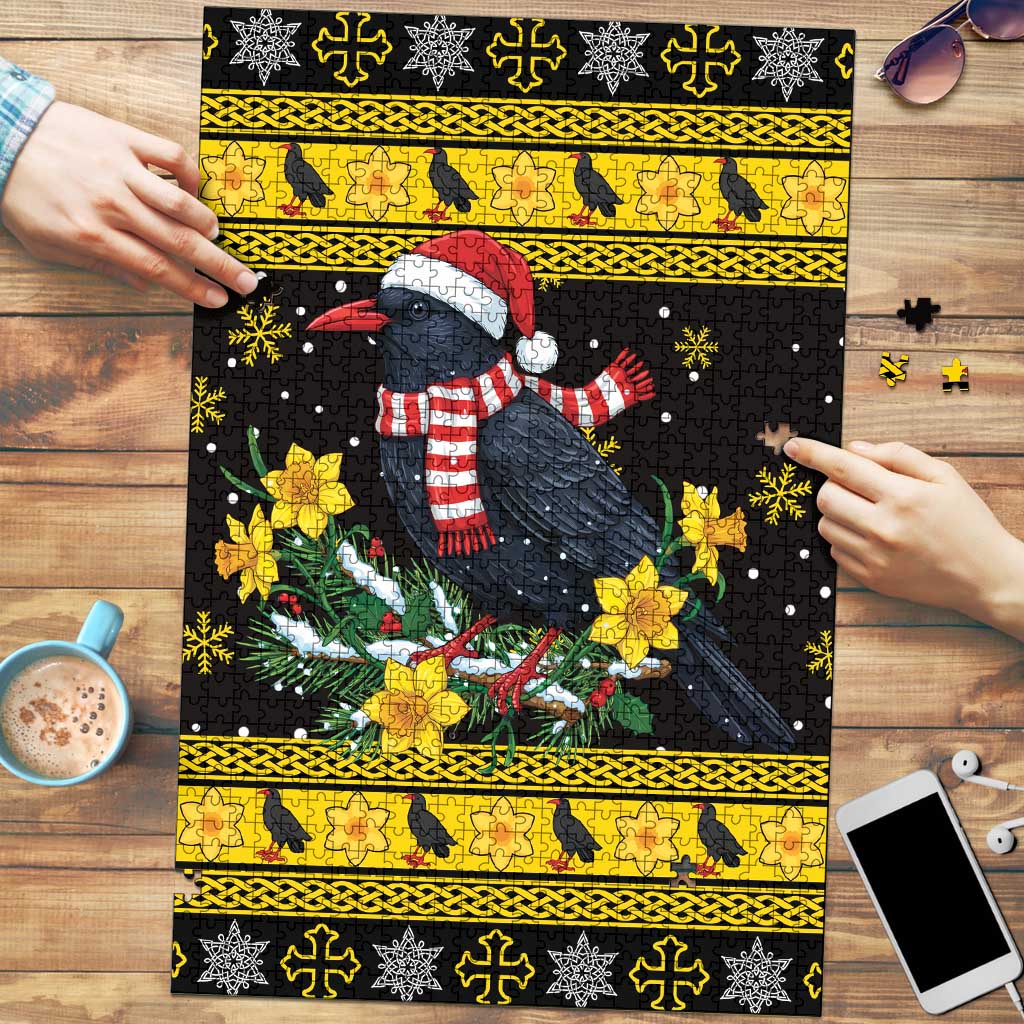 Flintshire Wales Christmas Puzzle Welsh Red-billed Chough with Daffodil - Wonder Print Shop