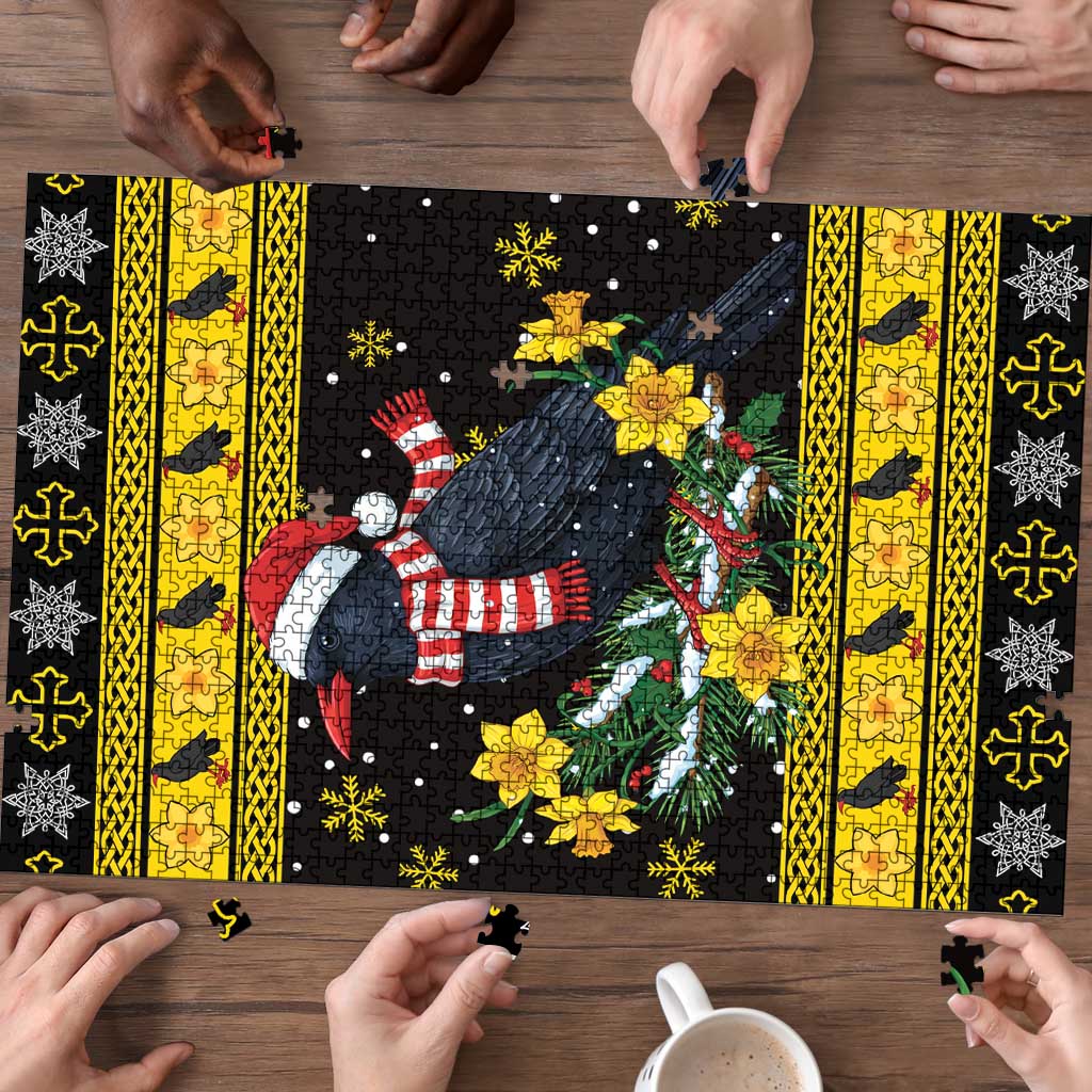 Flintshire Wales Christmas Puzzle Welsh Red-billed Chough with Daffodil - Wonder Print Shop