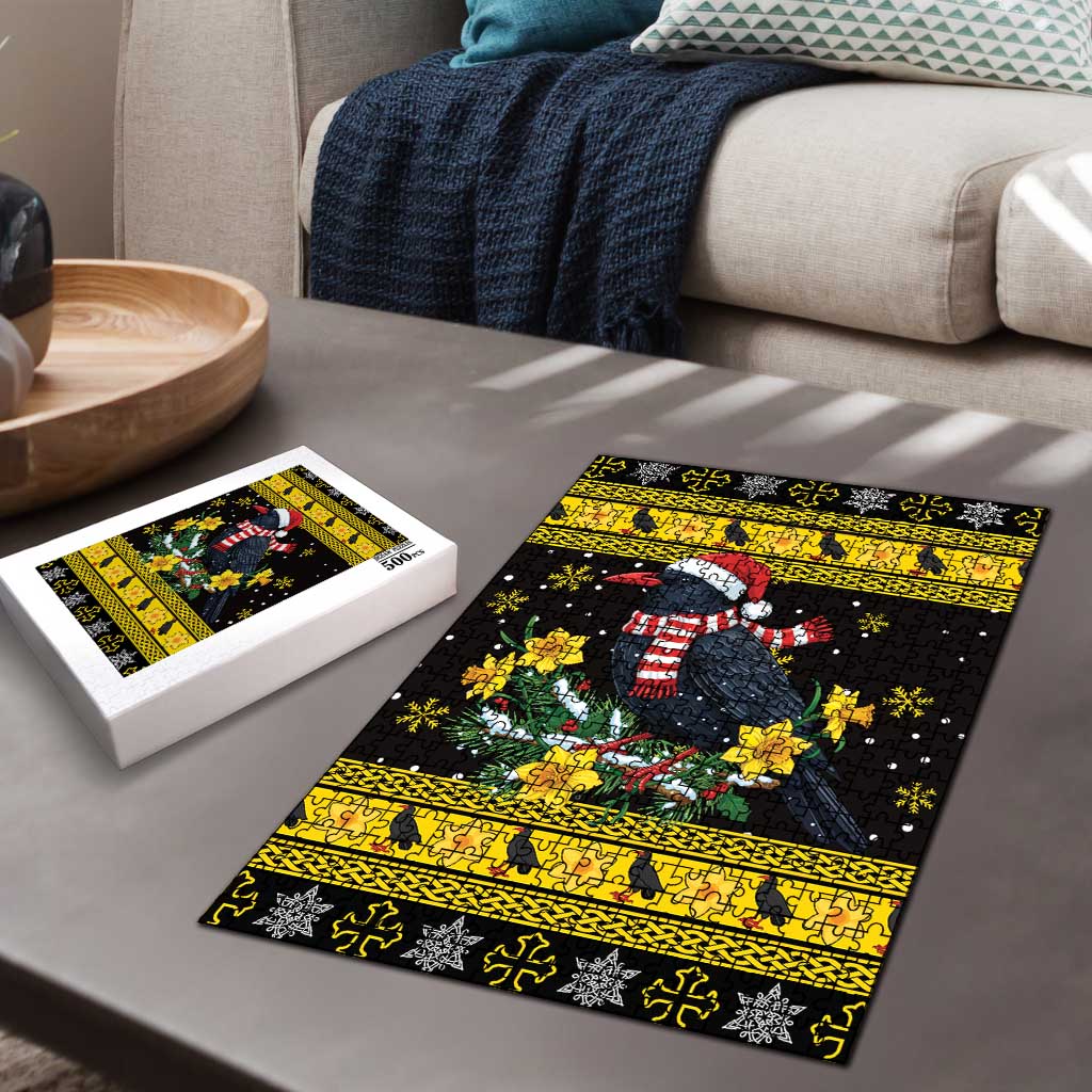 Flintshire Wales Christmas Puzzle Welsh Red-billed Chough with Daffodil - Wonder Print Shop