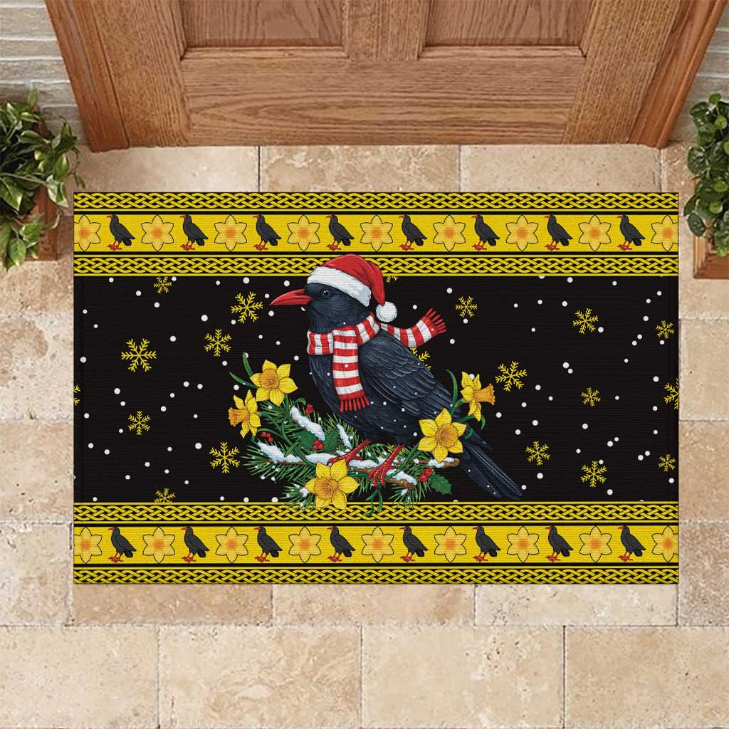 Flintshire Wales Christmas Rubber Doormat Welsh Red-billed Chough with Daffodil - Wonder Print Shop