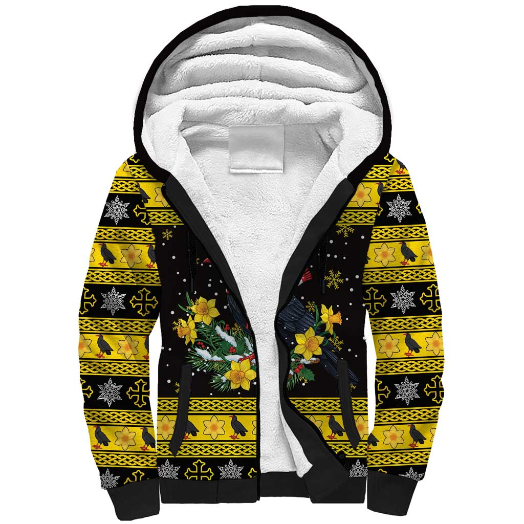 Flintshire Wales Christmas Sherpa Hoodie Welsh Red-billed Chough with Daffodil - Wonder Print Shop