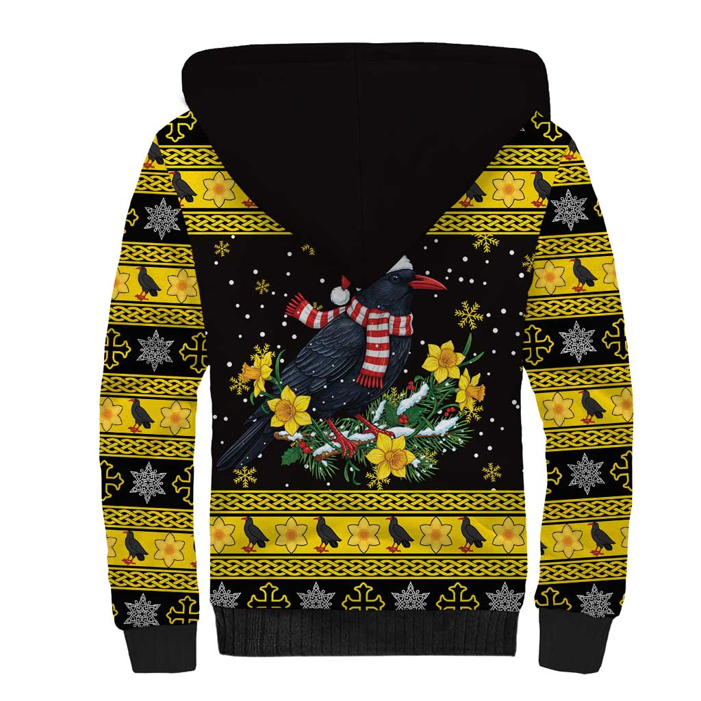Flintshire Wales Christmas Sherpa Hoodie Welsh Red-billed Chough with Daffodil - Wonder Print Shop