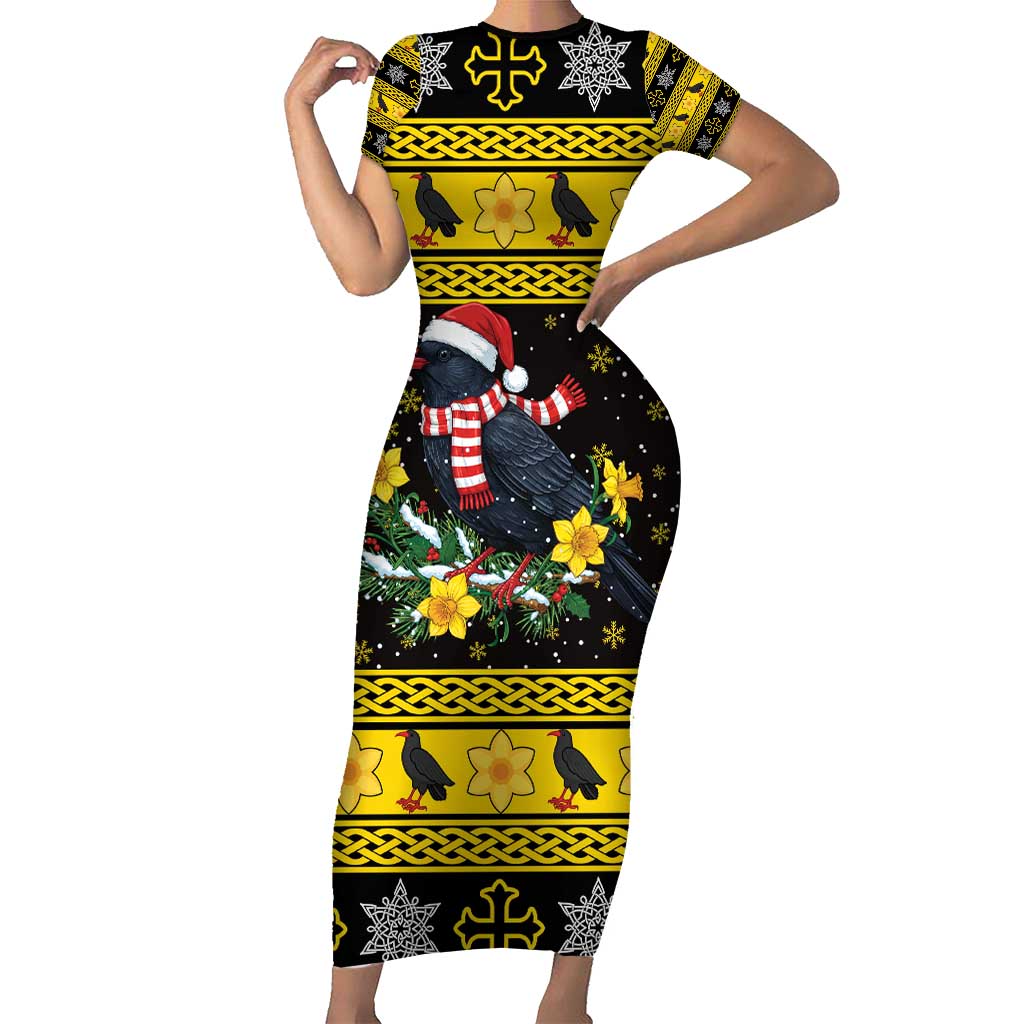 Flintshire Wales Christmas Short Sleeve Bodycon Dress Welsh Red-billed Chough with Daffodil - Wonder Print Shop