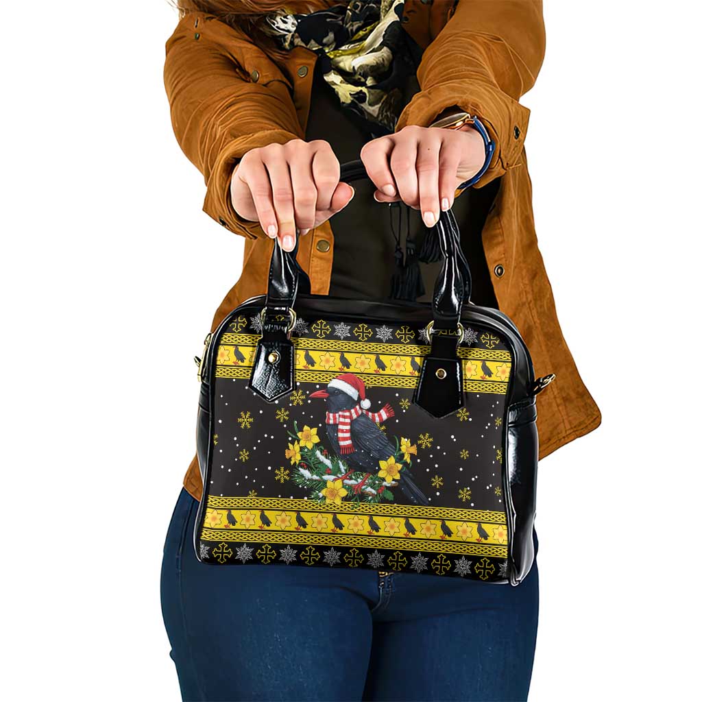 Flintshire Wales Christmas Shoulder Handbag Welsh Red-billed Chough with Daffodil - Wonder Print Shop