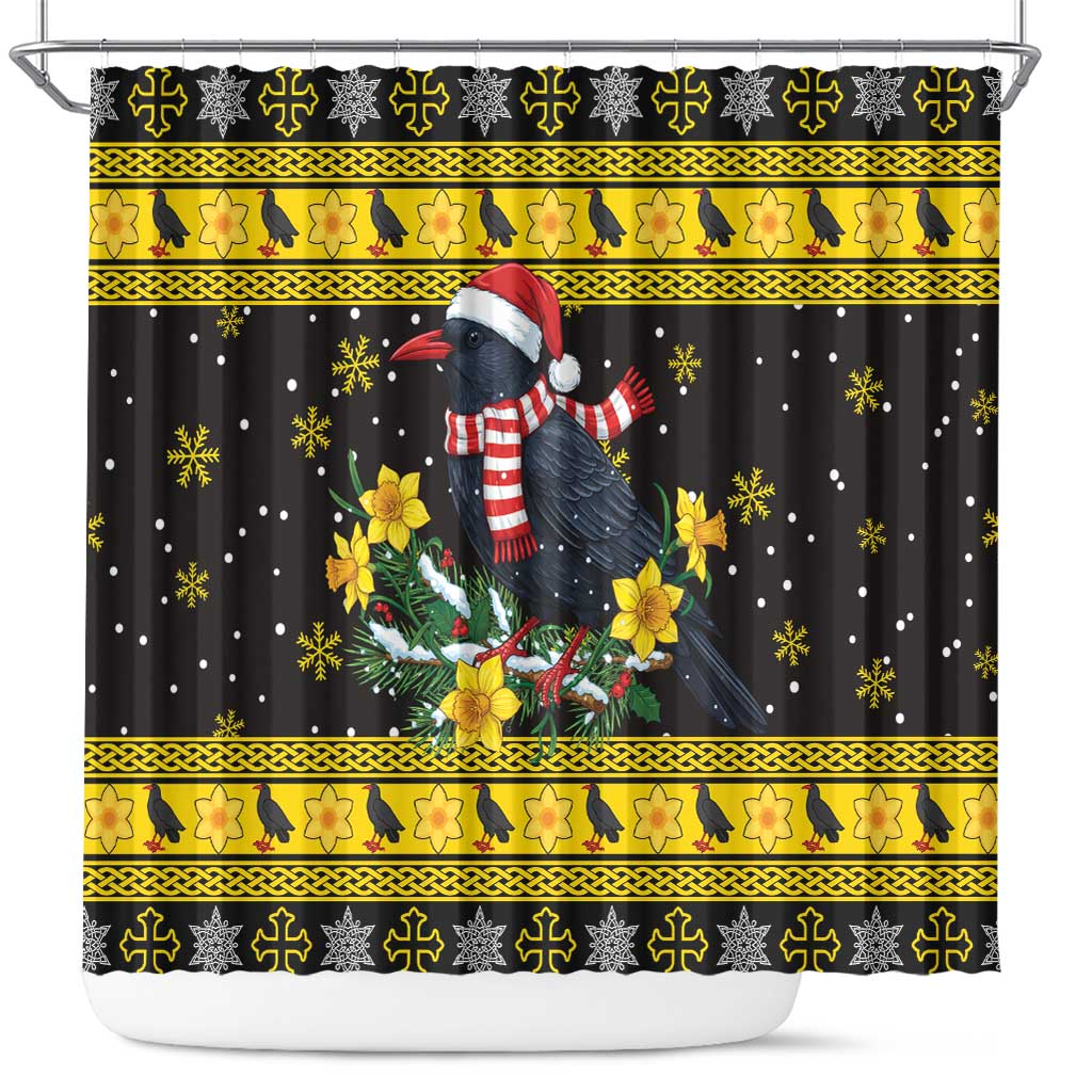 Flintshire Wales Christmas Shower Curtain Welsh Red-billed Chough with Daffodil - Wonder Print Shop