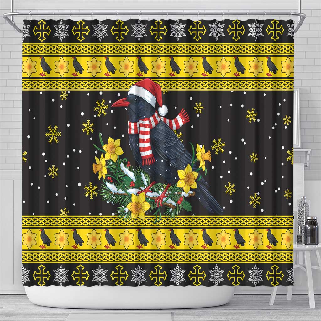 Flintshire Wales Christmas Shower Curtain Welsh Red-billed Chough with Daffodil - Wonder Print Shop