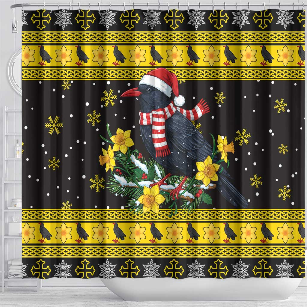 Flintshire Wales Christmas Shower Curtain Welsh Red-billed Chough with Daffodil - Wonder Print Shop