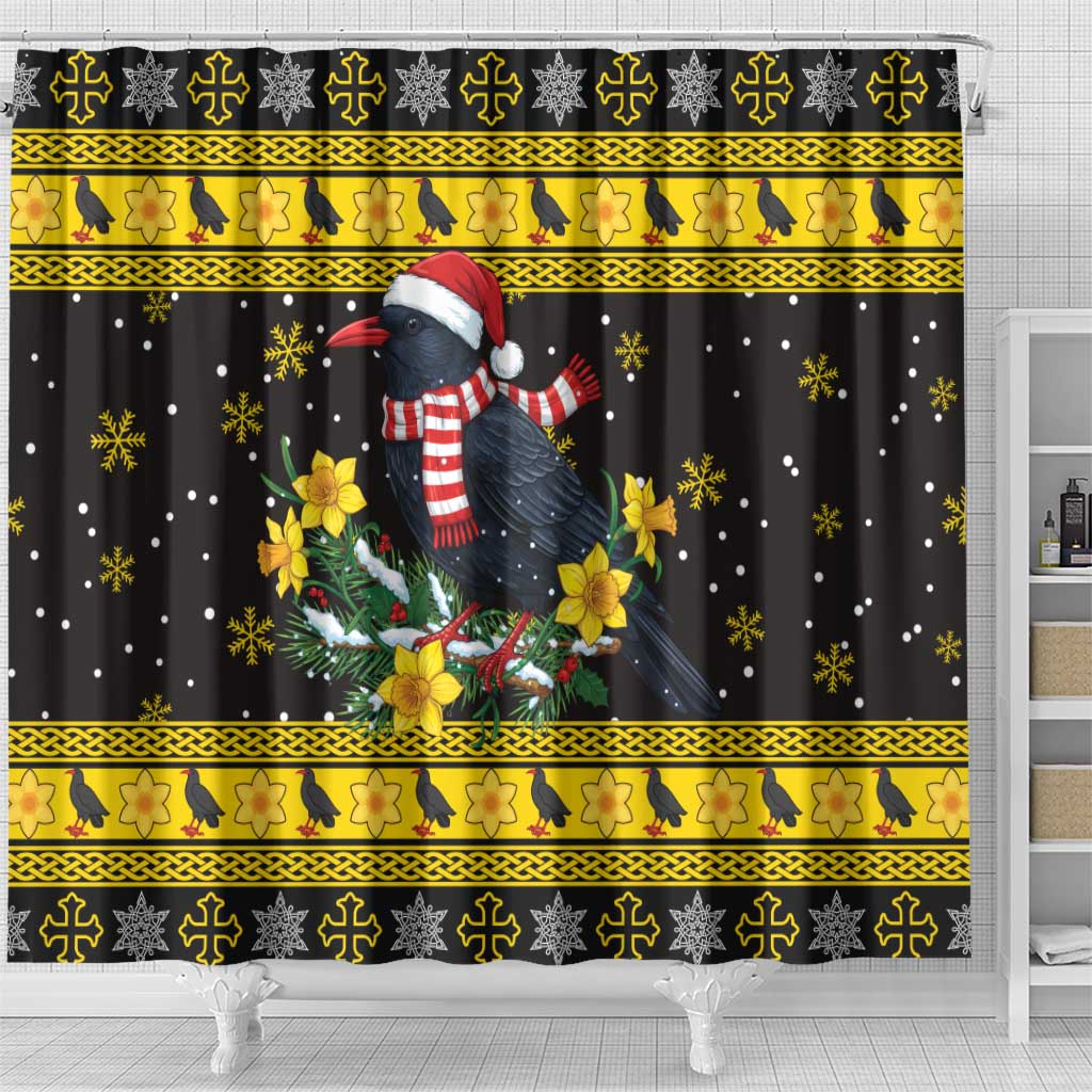 Flintshire Wales Christmas Shower Curtain Welsh Red-billed Chough with Daffodil - Wonder Print Shop