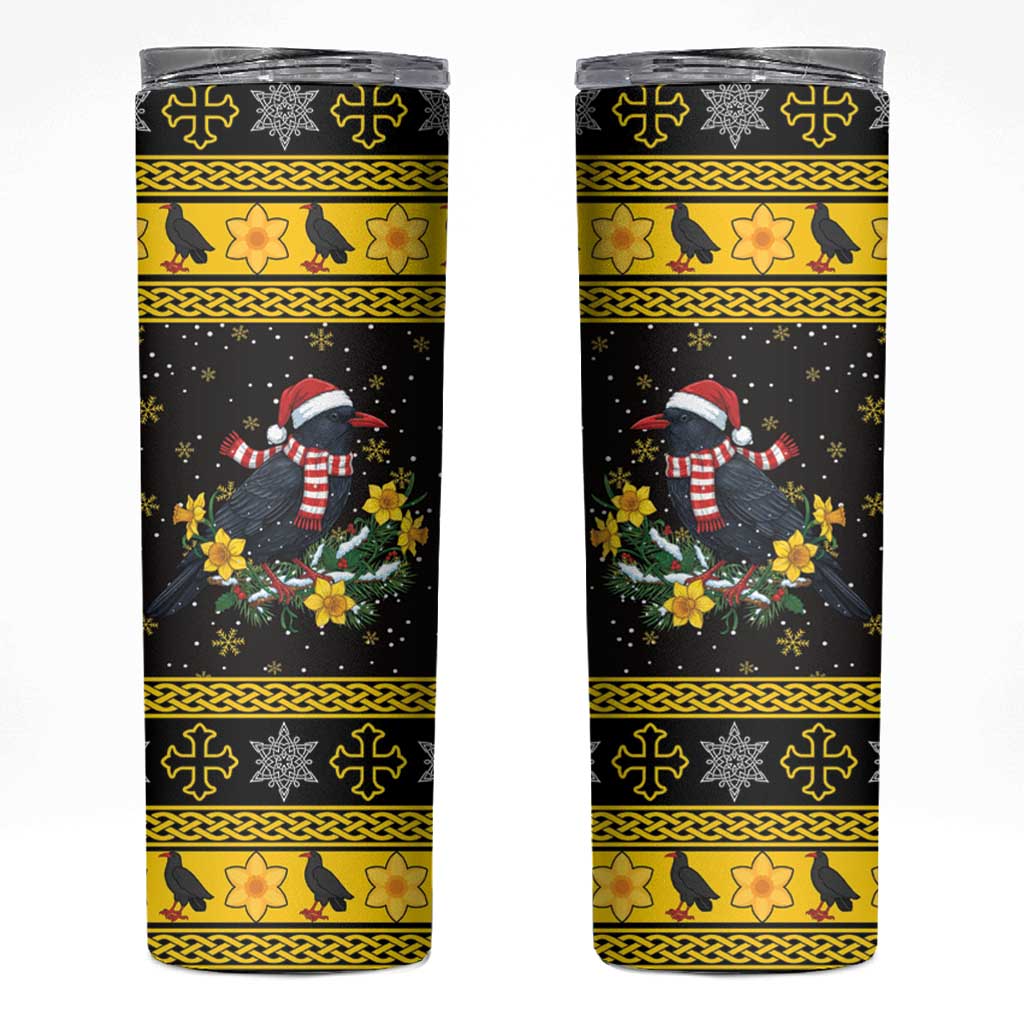 Flintshire Wales Christmas Skinny Tumbler Welsh Red-billed Chough with Daffodil - Wonder Print Shop