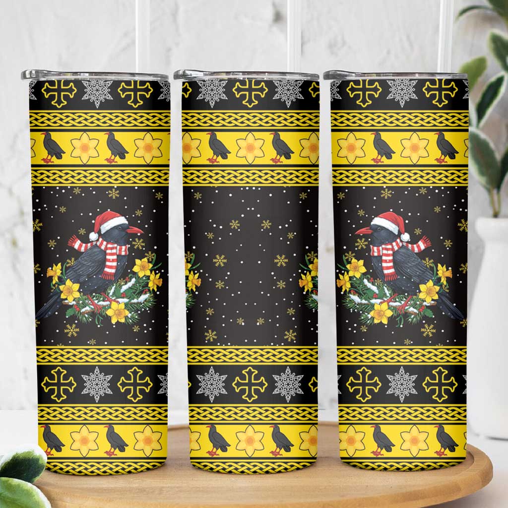 Flintshire Wales Christmas Skinny Tumbler Welsh Red-billed Chough with Daffodil - Wonder Print Shop