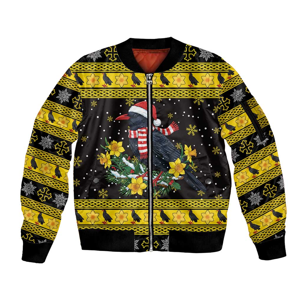Flintshire Wales Christmas Sleeve Zip Bomber Jacket Welsh Red-billed Chough with Daffodil - Wonder Print Shop