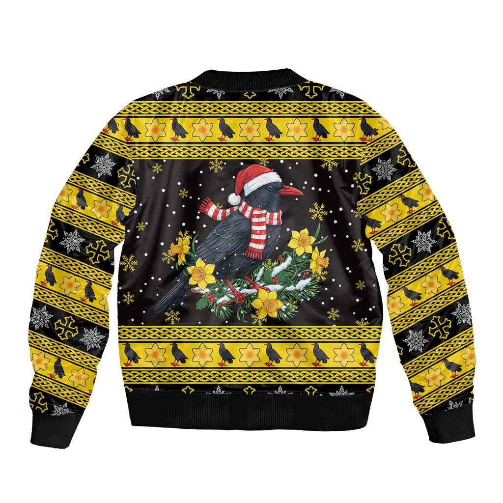 Flintshire Wales Christmas Sleeve Zip Bomber Jacket Welsh Red-billed Chough with Daffodil - Wonder Print Shop