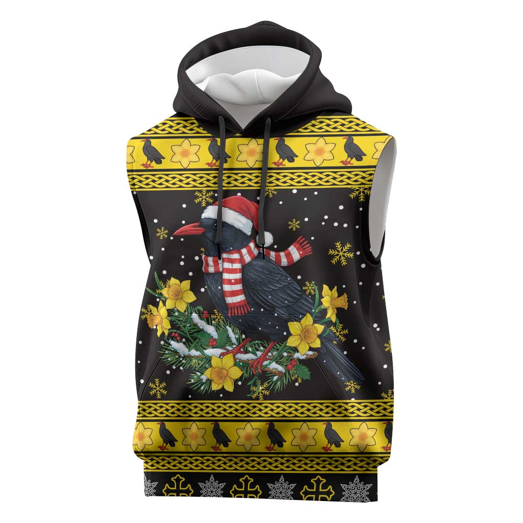 Flintshire Wales Christmas Sleeveless Hoodie Welsh Red-billed Chough with Daffodil - Wonder Print Shop