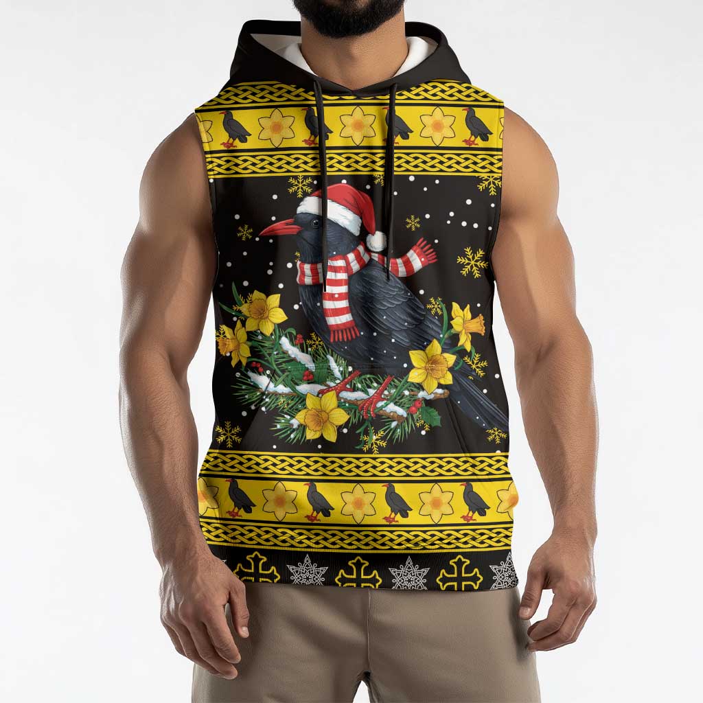 Flintshire Wales Christmas Sleeveless Hoodie Welsh Red-billed Chough with Daffodil - Wonder Print Shop