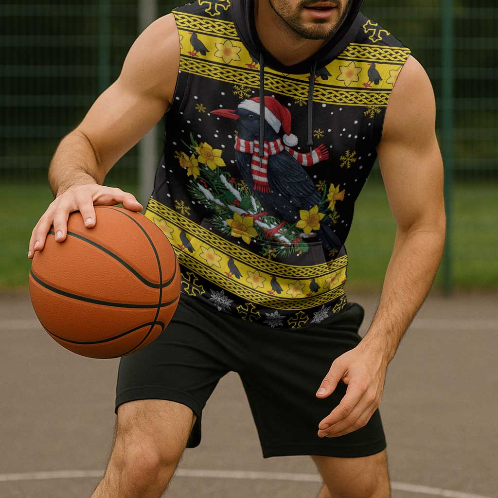 Flintshire Wales Christmas Sleeveless Hoodie Welsh Red-billed Chough with Daffodil - Wonder Print Shop