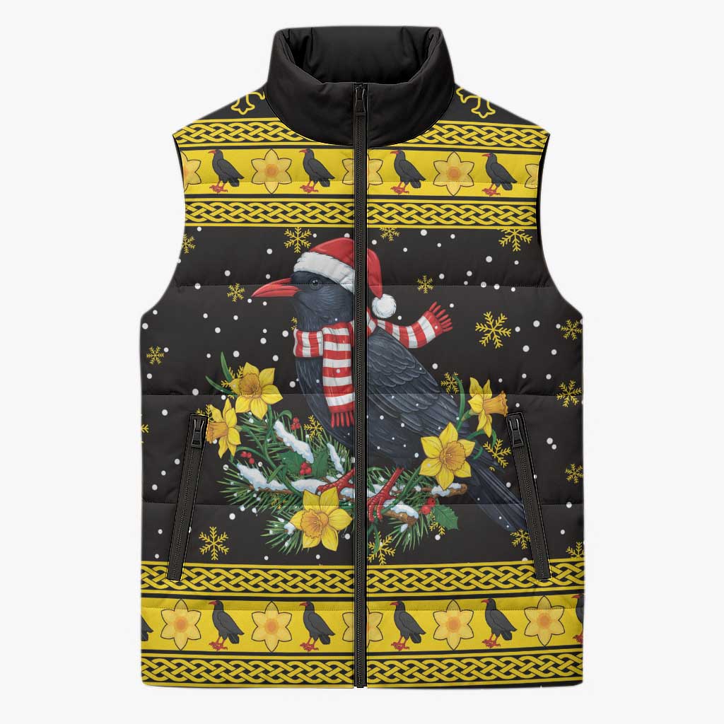 Flintshire Wales Christmas Sleeveless Puffer Jacket Welsh Red-billed Chough with Daffodil - Wonder Print Shop