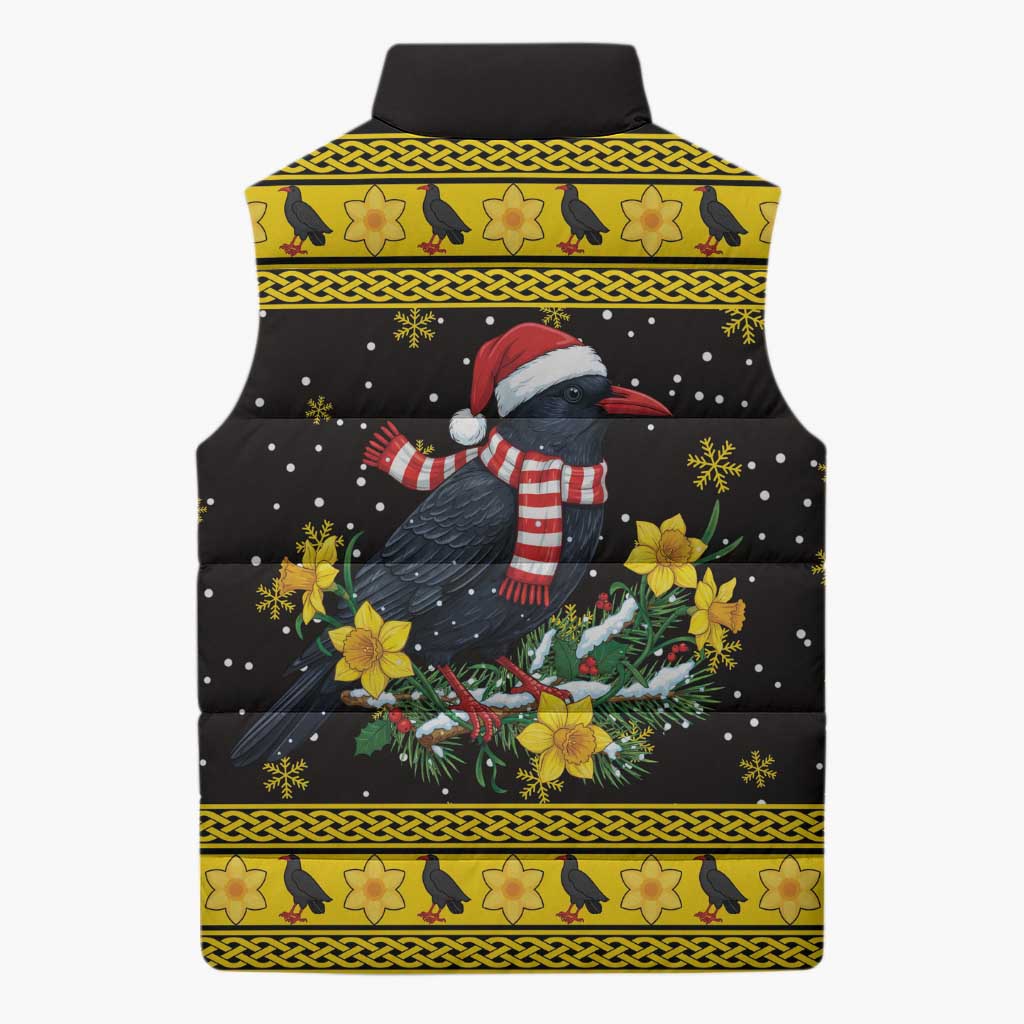Flintshire Wales Christmas Sleeveless Puffer Jacket Welsh Red-billed Chough with Daffodil - Wonder Print Shop