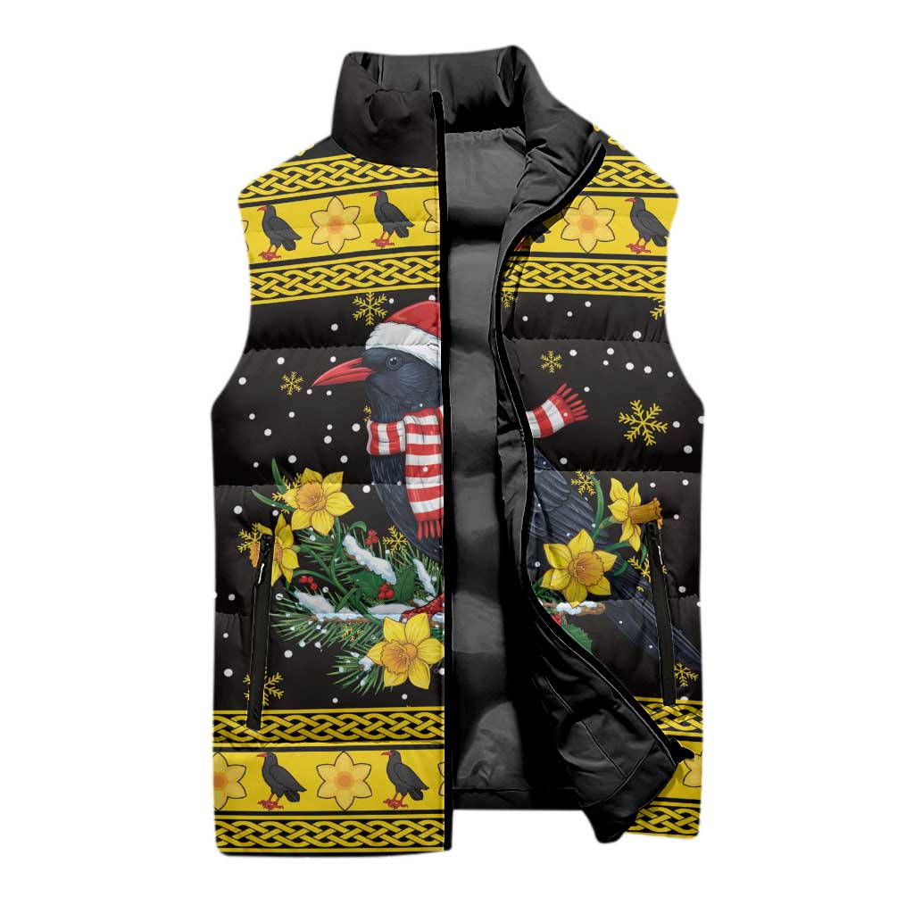 Flintshire Wales Christmas Sleeveless Puffer Jacket Welsh Red-billed Chough with Daffodil - Wonder Print Shop