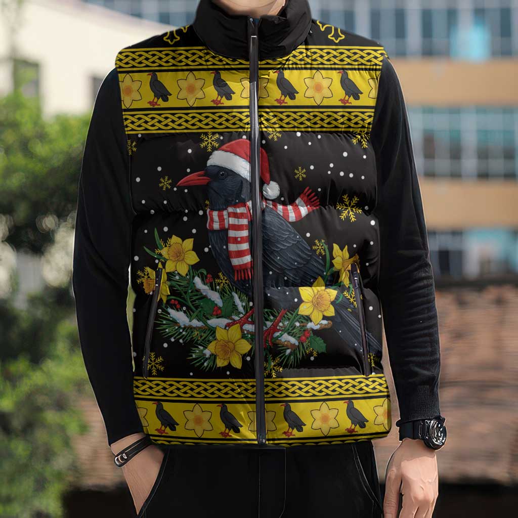 Flintshire Wales Christmas Sleeveless Puffer Jacket Welsh Red-billed Chough with Daffodil - Wonder Print Shop