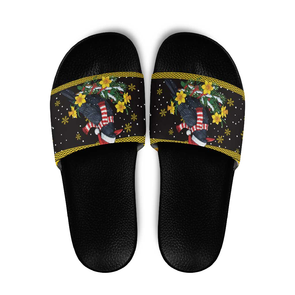 Flintshire Wales Christmas Slide Sandals Welsh Red-billed Chough with Daffodil - Wonder Print Shop