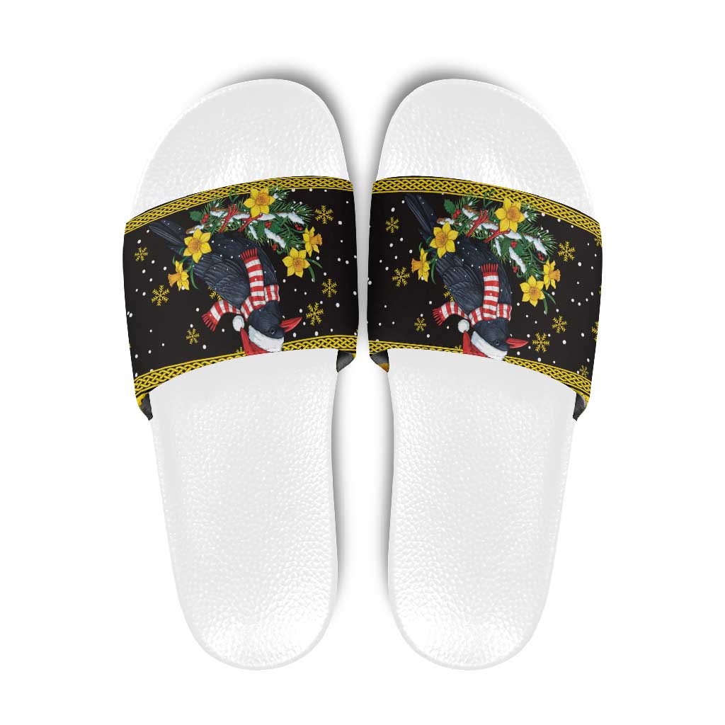 Flintshire Wales Christmas Slide Sandals Welsh Red-billed Chough with Daffodil - Wonder Print Shop