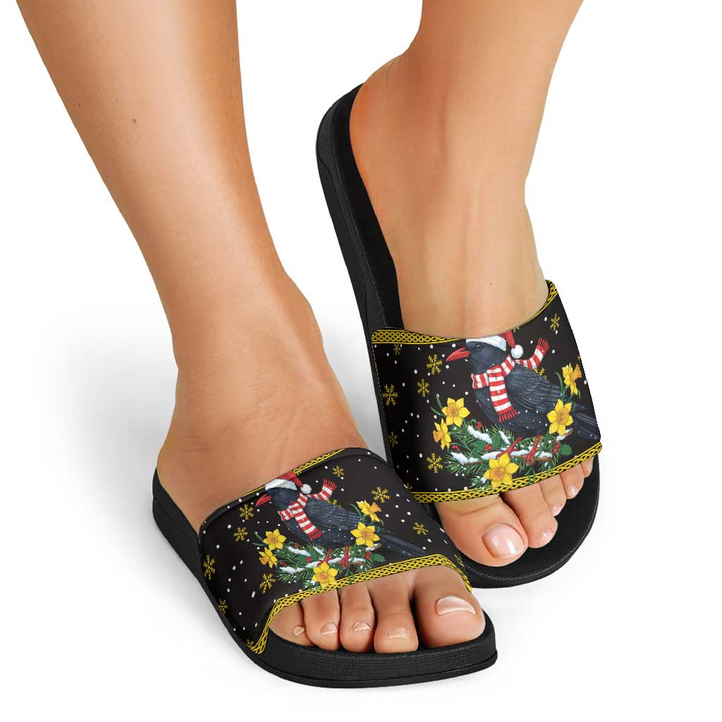 Flintshire Wales Christmas Slide Sandals Welsh Red-billed Chough with Daffodil - Wonder Print Shop
