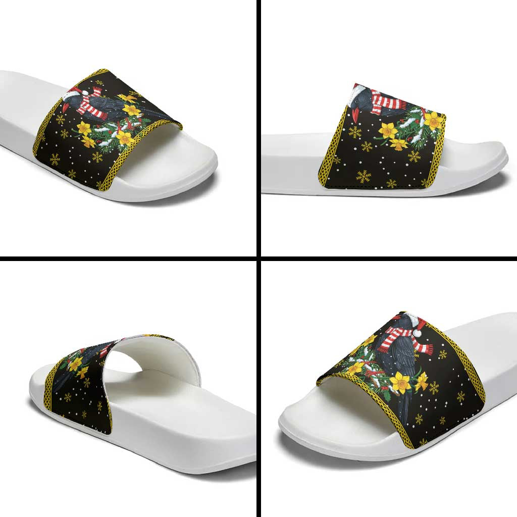 Flintshire Wales Christmas Slide Sandals Welsh Red-billed Chough with Daffodil - Wonder Print Shop