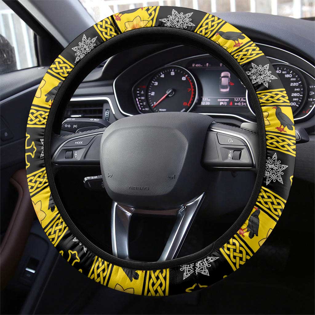 Flintshire Wales Christmas Steering Wheel Cover Welsh Red-billed Chough with Daffodil - Wonder Print Shop
