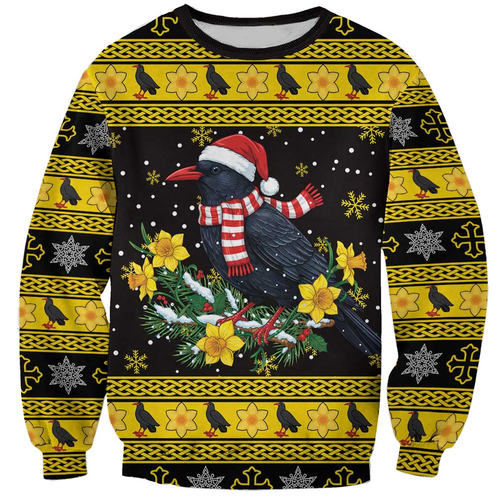 Flintshire Wales Christmas Sweatshirt Welsh Red-billed Chough with Daffodil - Wonder Print Shop