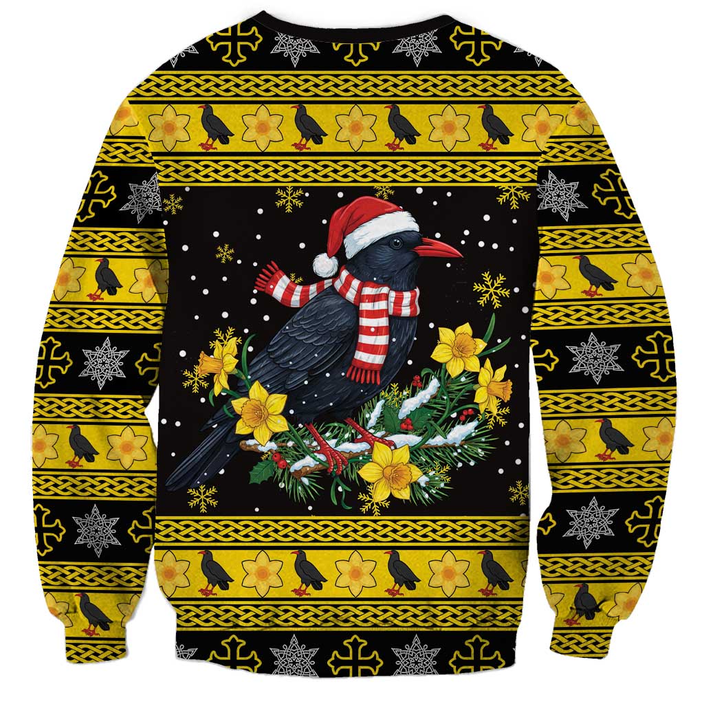 Flintshire Wales Christmas Sweatshirt Welsh Red-billed Chough with Daffodil - Wonder Print Shop