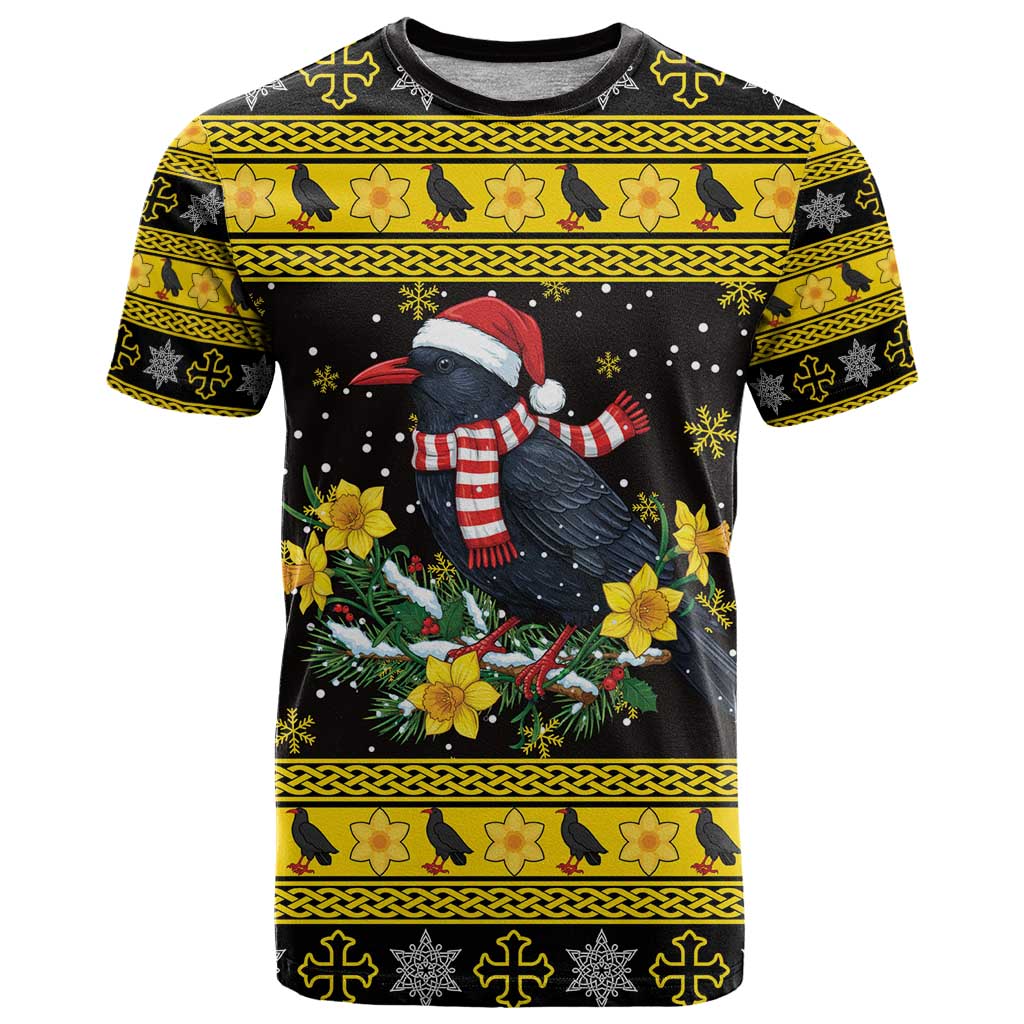 Flintshire Wales Christmas T Shirt Welsh Red-billed Chough with Daffodil - Wonder Print Shop