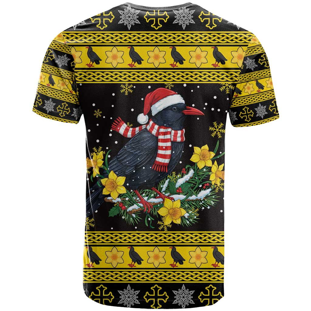 Flintshire Wales Christmas T Shirt Welsh Red-billed Chough with Daffodil - Wonder Print Shop
