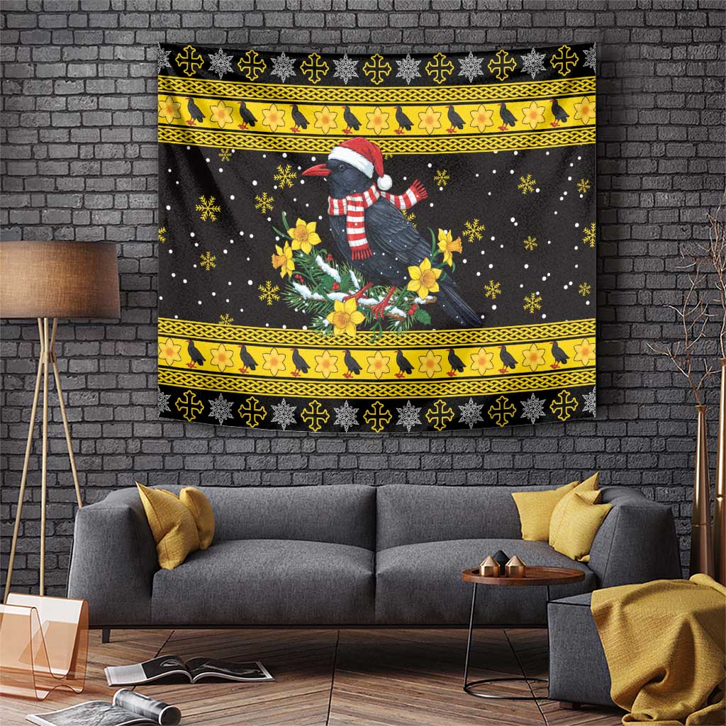 Flintshire Wales Christmas Tapestry Welsh Red-billed Chough with Daffodil - Wonder Print Shop