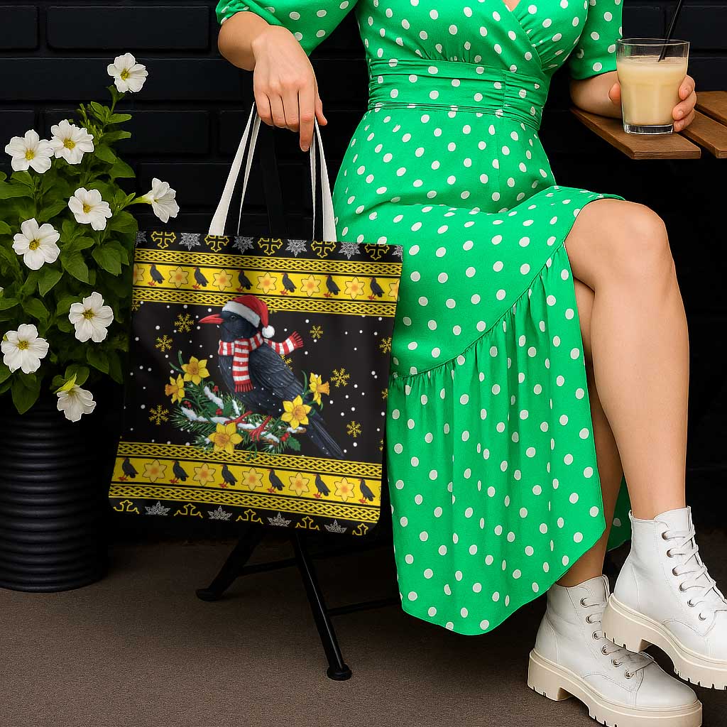 Flintshire Wales Christmas Tote Bag Welsh Red-billed Chough with Daffodil - Wonder Print Shop