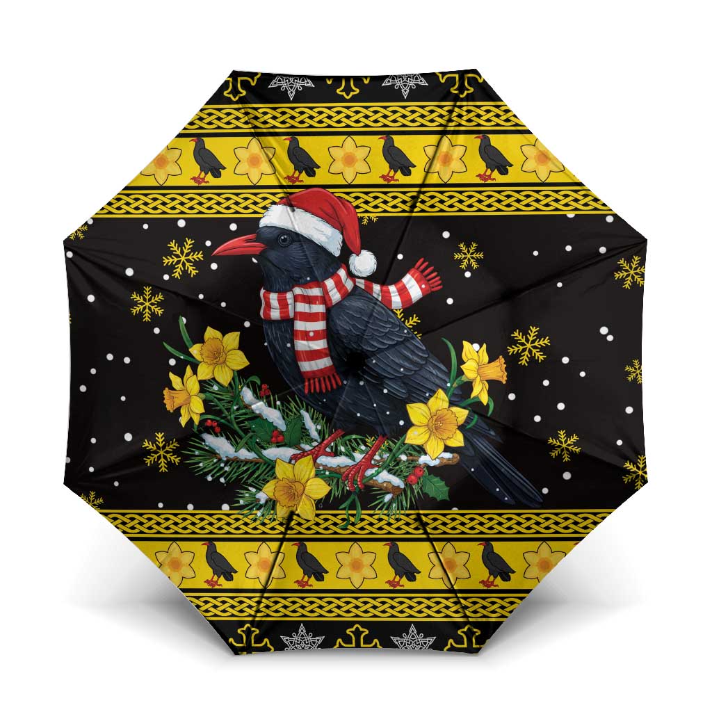 Flintshire Wales Christmas Umbrella Welsh Red-billed Chough with Daffodil - Wonder Print Shop