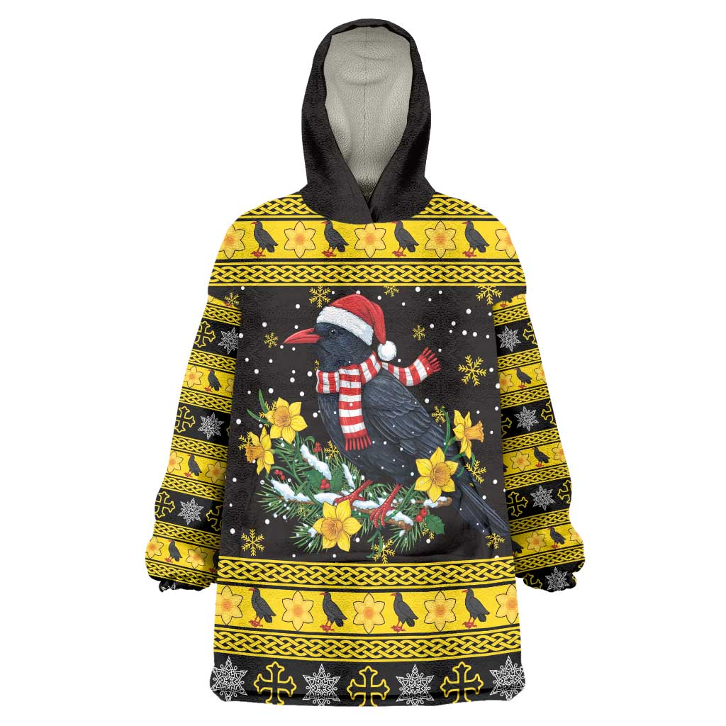Flintshire Wales Christmas Wearable Blanket Hoodie Welsh Red-billed Chough with Daffodil - Wonder Print Shop
