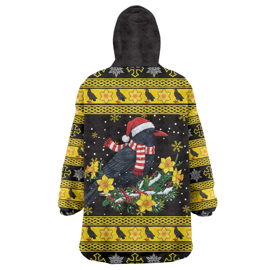 Flintshire Wales Christmas Wearable Blanket Hoodie Welsh Red-billed Chough with Daffodil - Wonder Print Shop