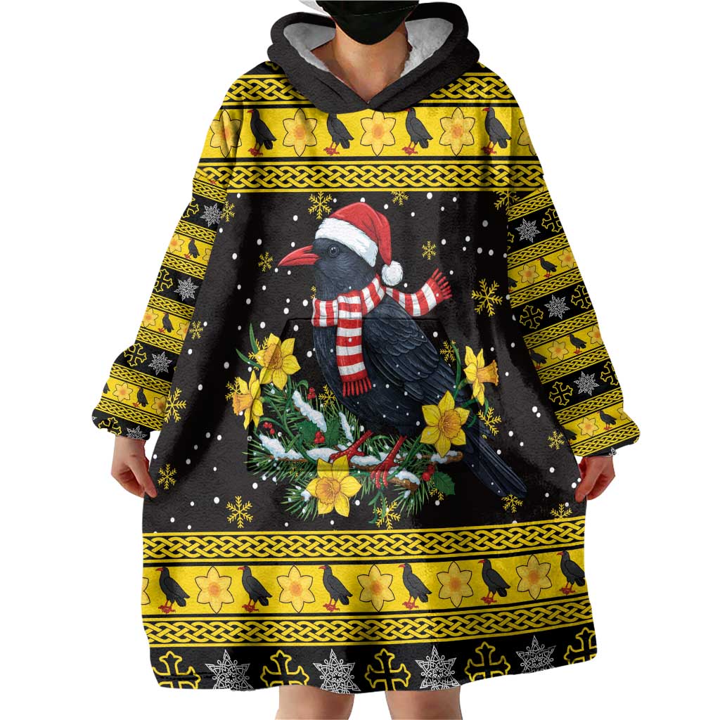 Flintshire Wales Christmas Wearable Blanket Hoodie Welsh Red-billed Chough with Daffodil - Wonder Print Shop
