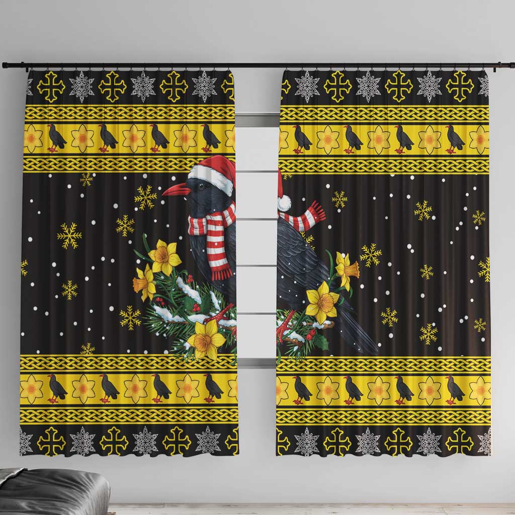 Flintshire Wales Christmas Window Curtain Welsh Red-billed Chough with Daffodil - Wonder Print Shop