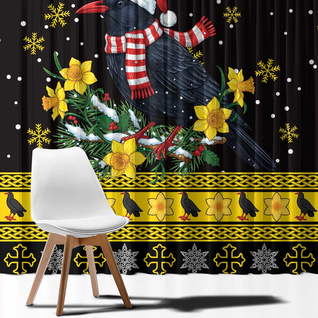 Flintshire Wales Christmas Window Curtain Welsh Red-billed Chough with Daffodil - Wonder Print Shop