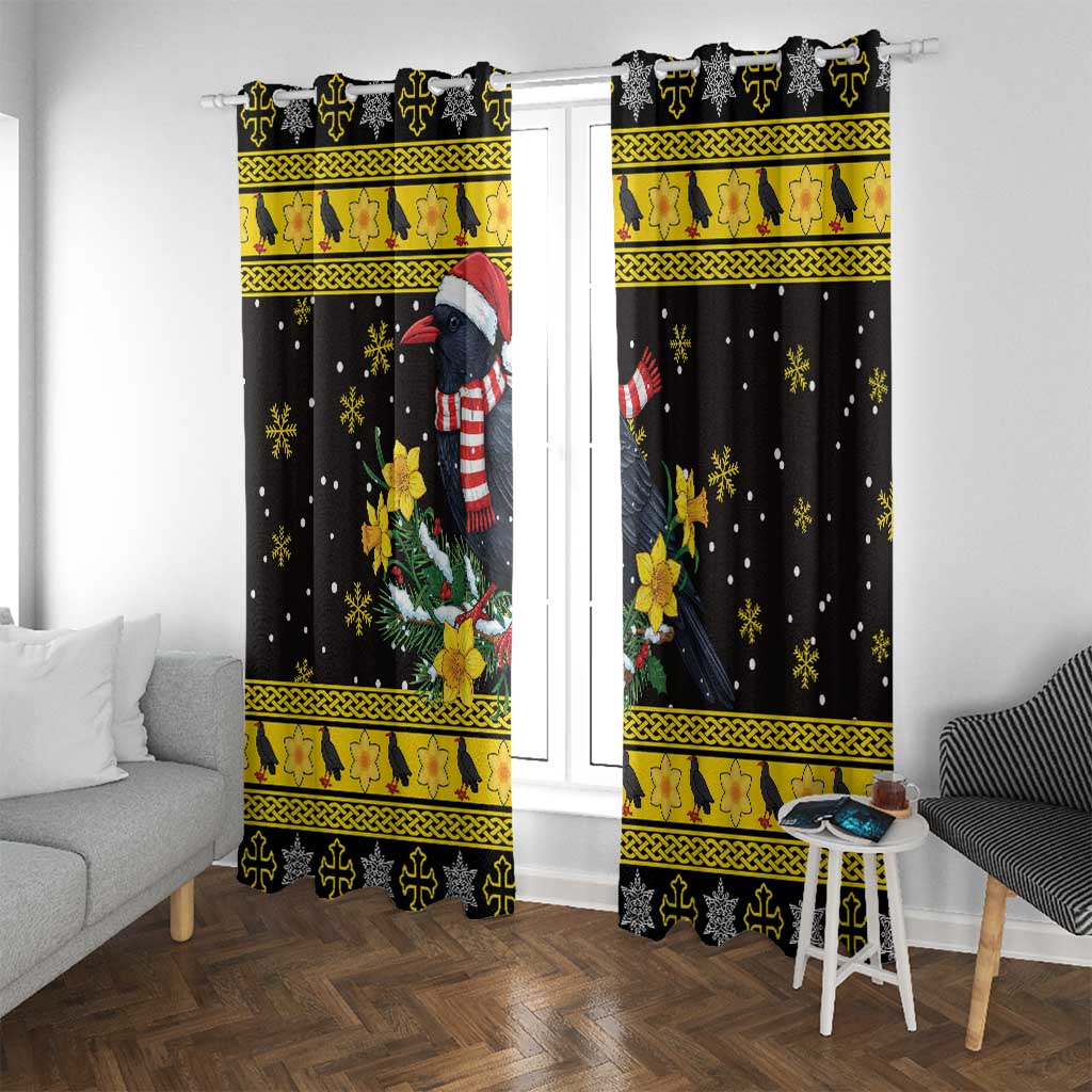 Flintshire Wales Christmas Window Curtain Welsh Red-billed Chough with Daffodil - Wonder Print Shop