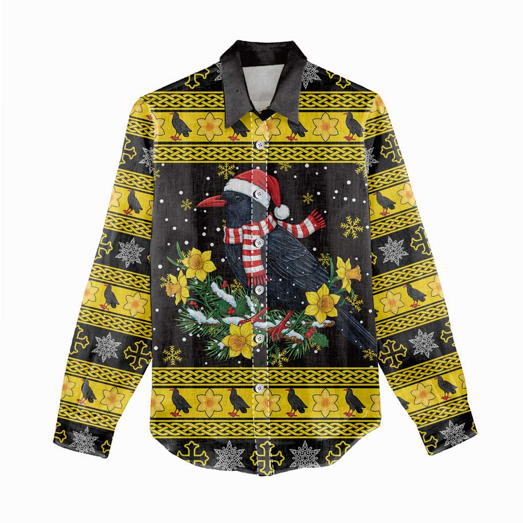 Flintshire Wales Christmas Women Casual Shirt Welsh Red-billed Chough with Daffodil - Wonder Print Shop