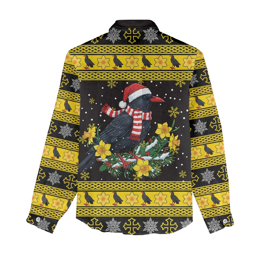 Flintshire Wales Christmas Women Casual Shirt Welsh Red-billed Chough with Daffodil - Wonder Print Shop