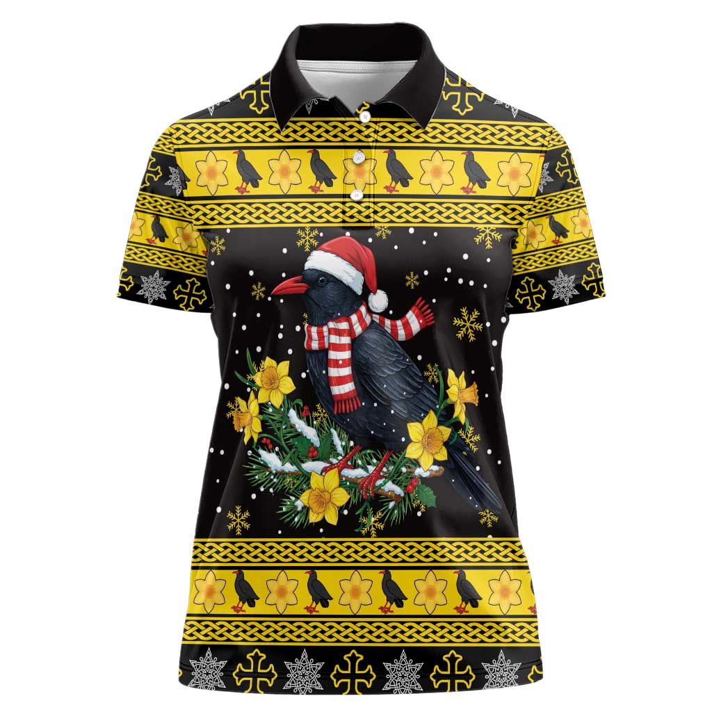 Flintshire Wales Christmas Women Polo Shirt Welsh Red-billed Chough with Daffodil - Wonder Print Shop