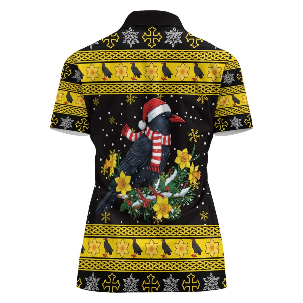 Flintshire Wales Christmas Women Polo Shirt Welsh Red-billed Chough with Daffodil - Wonder Print Shop