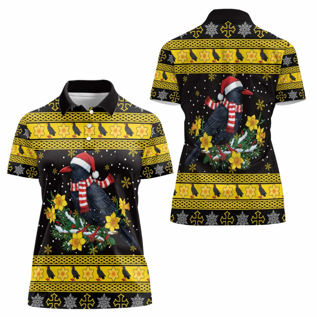 Flintshire Wales Christmas Women Polo Shirt Welsh Red-billed Chough with Daffodil - Wonder Print Shop