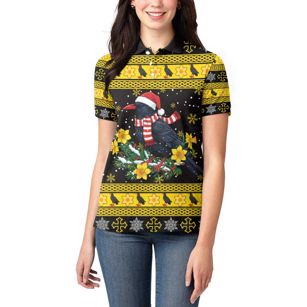 Flintshire Wales Christmas Women Polo Shirt Welsh Red-billed Chough with Daffodil - Wonder Print Shop