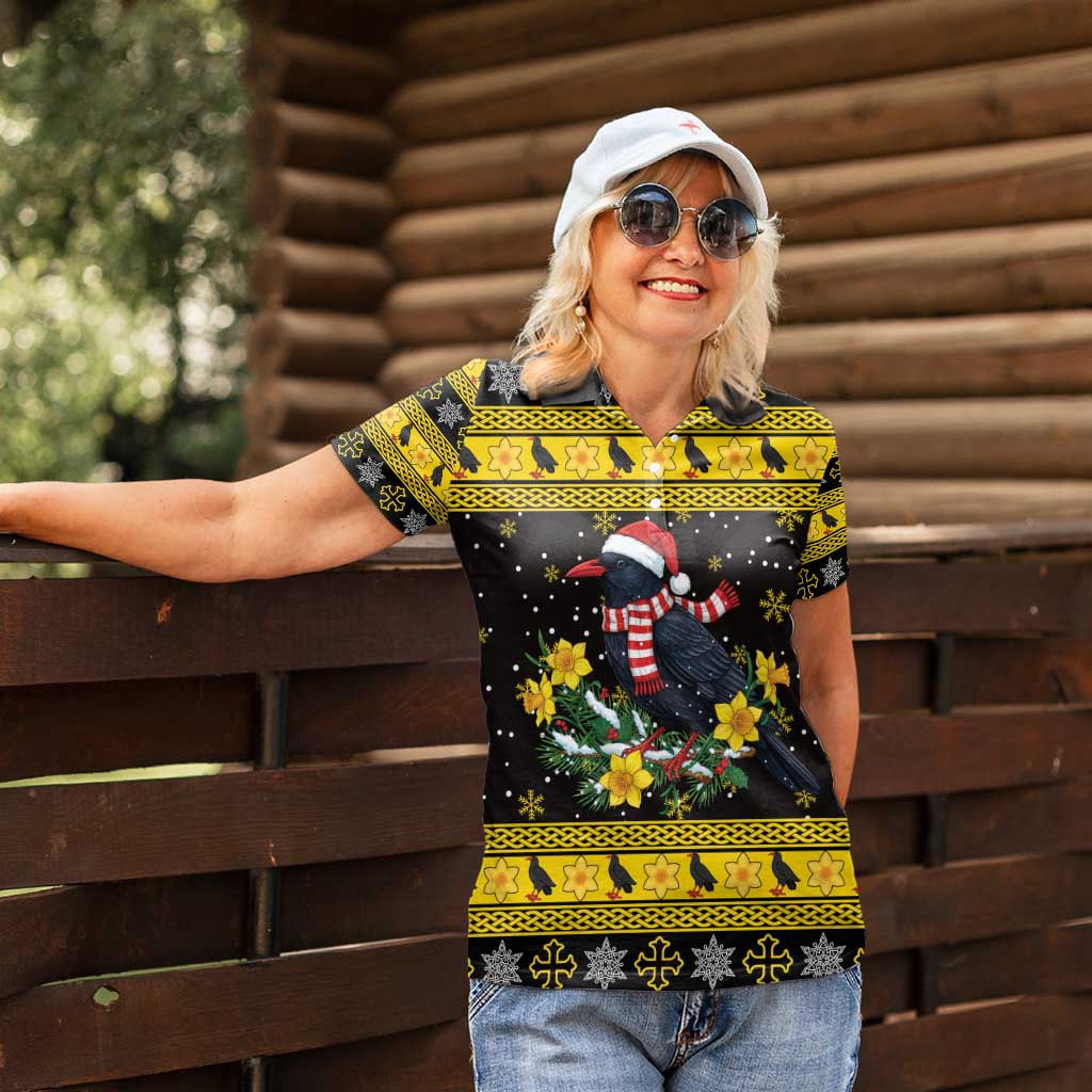 Flintshire Wales Christmas Women Polo Shirt Welsh Red-billed Chough with Daffodil - Wonder Print Shop